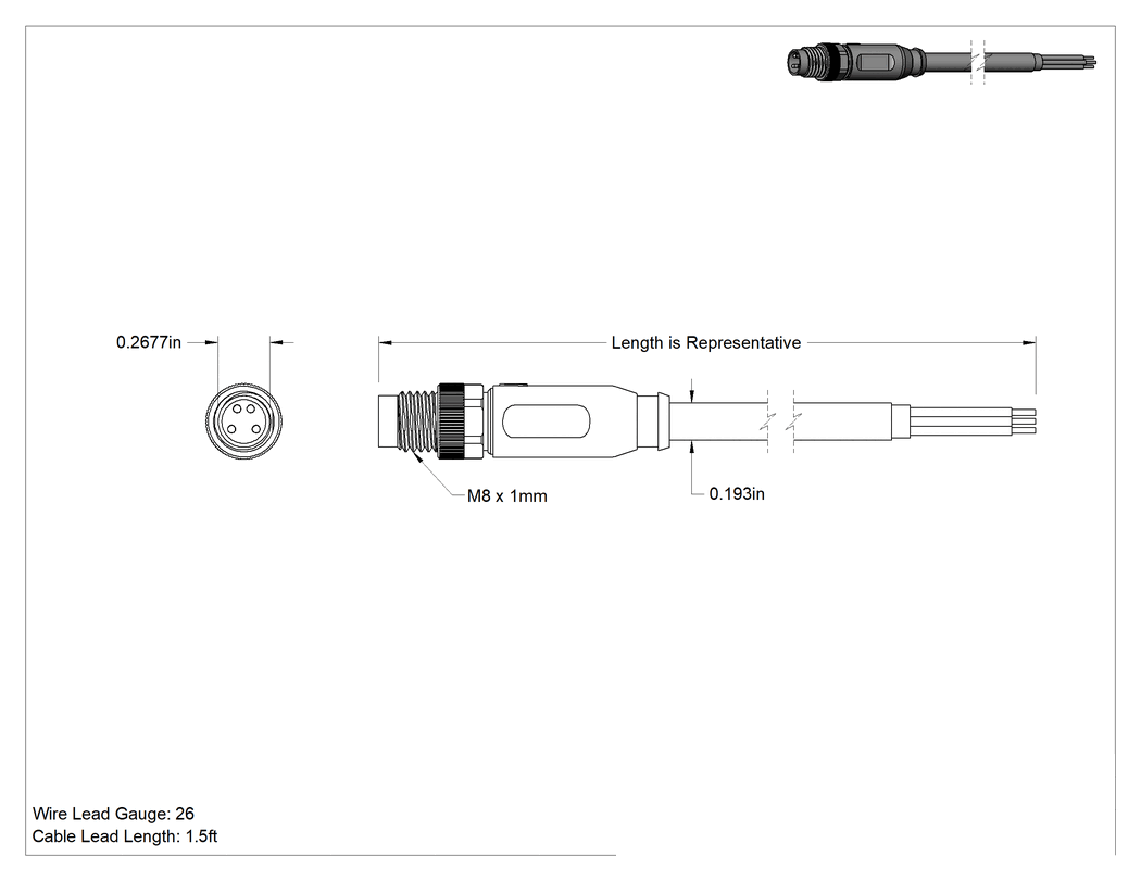 Teknik Çizim - M8 Ethernet Kablosu, 0.19" Dış Çap x 1.5' Uzunlukta Kablolara Sahip Düz Fiş, A Kodlu
