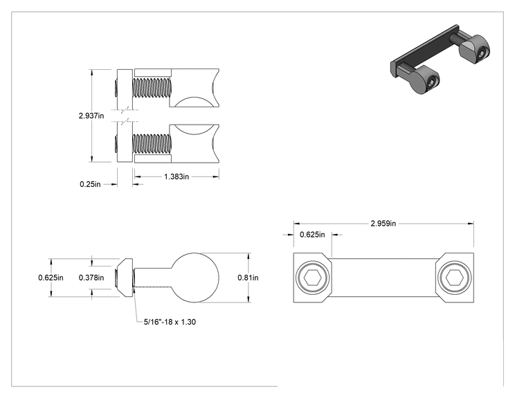 Teknik Çizim - T-Yivli Çerçeve, Gümüş Çift Ankraj Braket, 3" Yükseklikte Ray