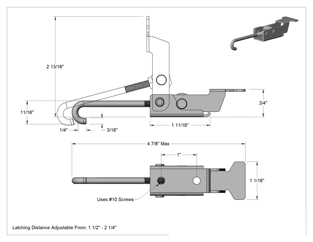 Teknik Çizim - Ayarlanabilir Tutamaklı Çekme Mandalı, Çakmasız, 304 Paslanmaz Çelik, 4-7/8" Uzunluk x 1-1/16" Toplam Genişlik
