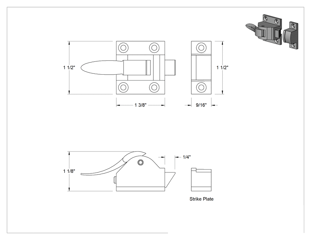 Teknik Çizim - Titreşime Dayanıklı Bas-Kapat Tipi Mandal, Kol Kollu, Pirinç, 1-1/2" Genişlik