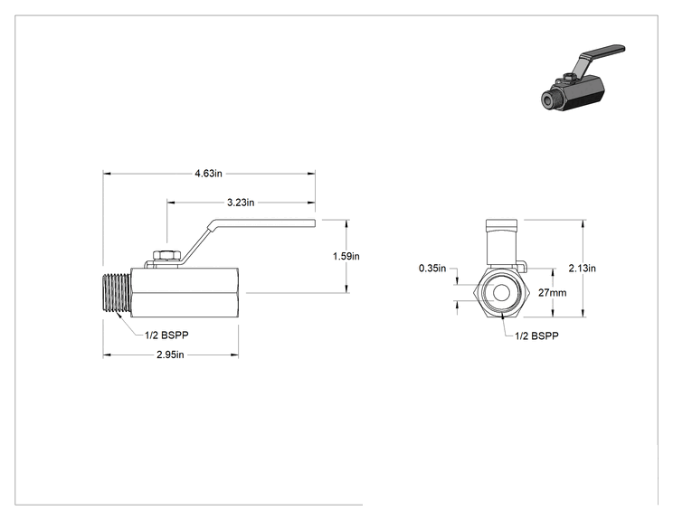 Teknik Çizim - 316 Paslanmaz Çelik Açma/Kapama Vanası, Kol Kollu, 1/2 BSPP Dişi x 1/2 BSPP Erkek