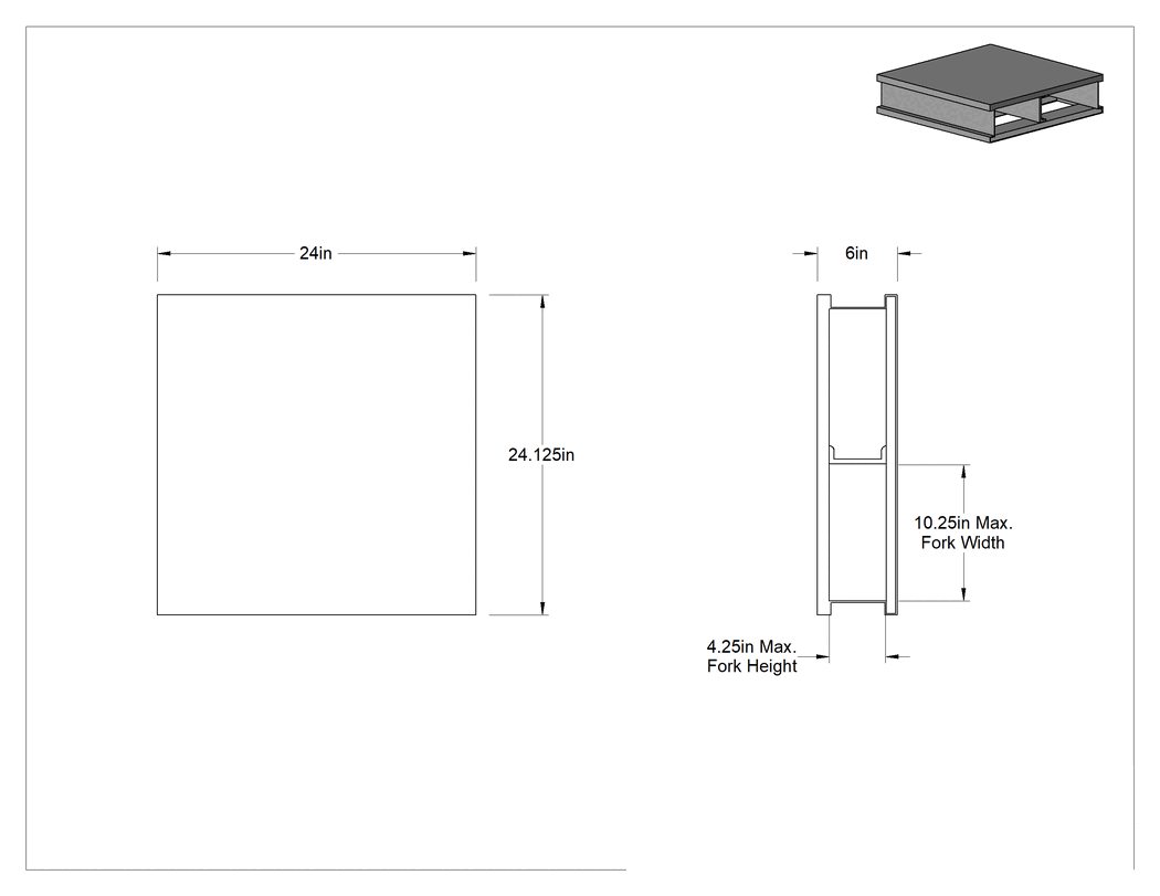 Teknik Çizim - Alüminyum Palet, Katı Yüzey, 24" Genişlik x 24" Derinlik x 6" Toplam Yükseklik