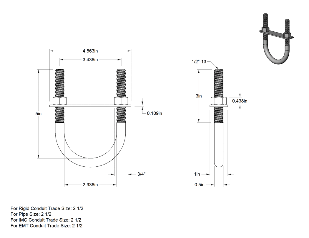Teknik Çizim - Montaj Plakalı U Cıvatası, Çinko Kaplı Çelik, 1/2"-13 Diş Boyutu, 2-15/16" İç Çap