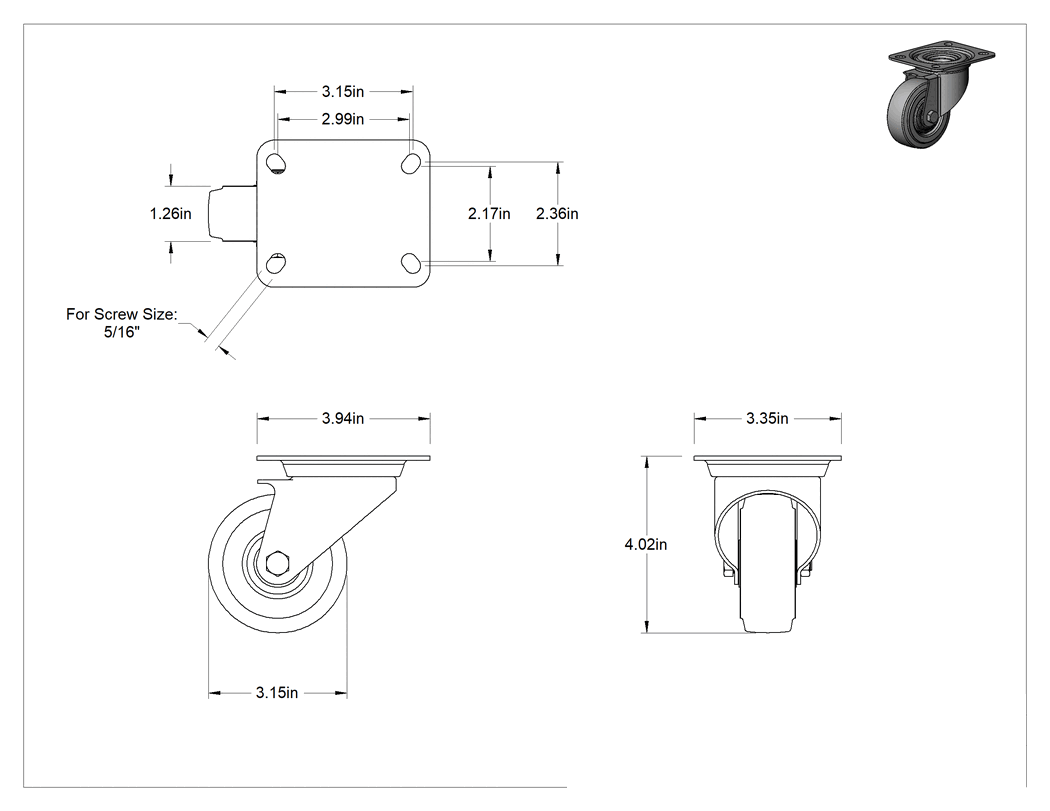 Teknik Çizim - Easy-Roll Tekerlek, Gri Lastik Tekerlek, Döner, 3-1/4" Çaplı Tekerlek