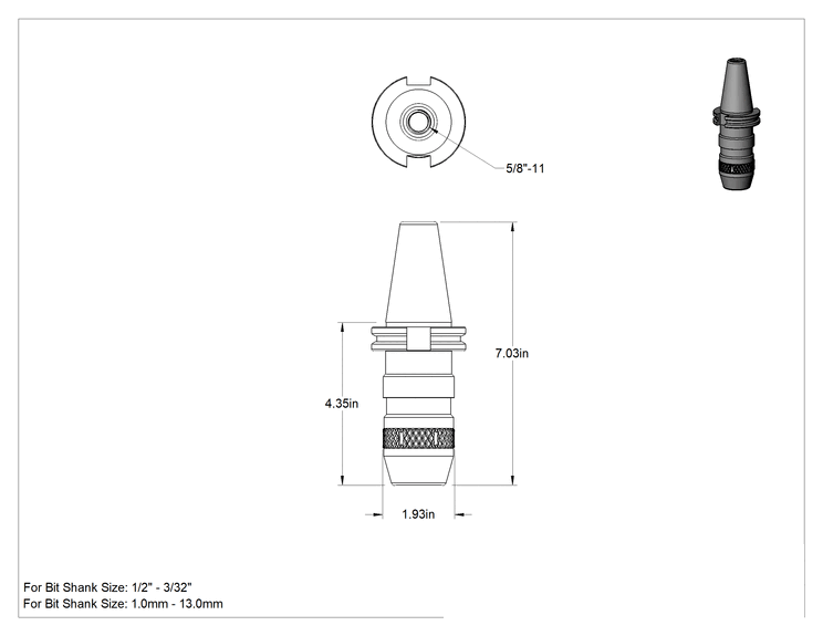 Teknik Çizim - Cat Konik Entegre Milli Matkap Mandreni, Anahtarsız, Cat 40 Konik, 3/32" ila 1/2" Uç Şaft Boyutu için