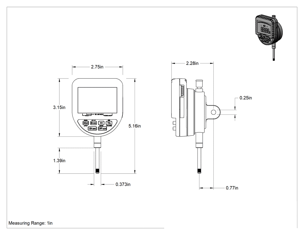 Teknik Çizim - Hızlı Okunur Piston Komparatör, Sertifikalı, Elektronik, 0" ila 1" Ölçülen Mesafe