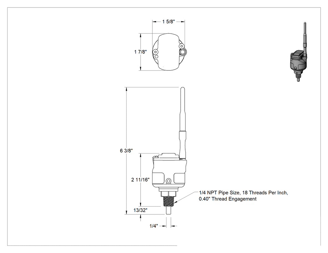 Teknik Çizim - Sıvılar ve Gazlar için Termokupl Vericisi, Kablosuz, 1/4 NPT Erkek Montaj, 13/32" Uzunlukta Paslanmaz Çelik Prob