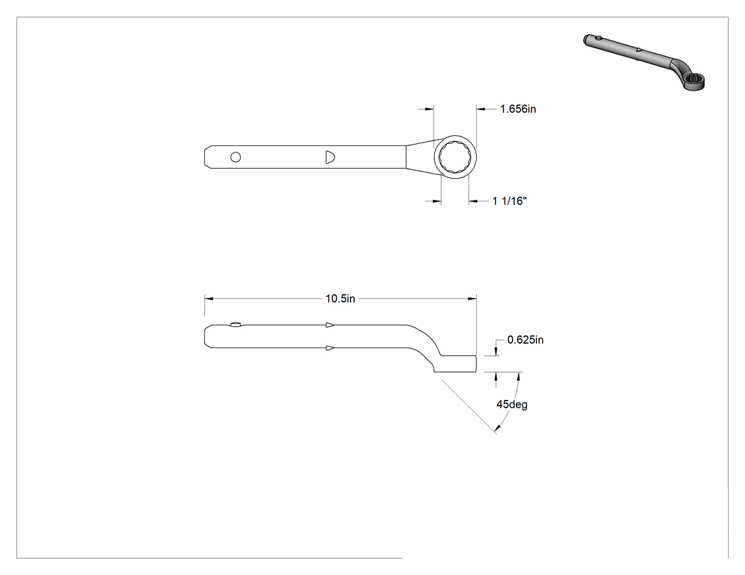 Teknik Çizim - Yüksek Kaldıraçlı Kutu Anahtarı, Derin Ofset, 1-1/16" Boyut, 10-1/2" Toplam Uzunluk