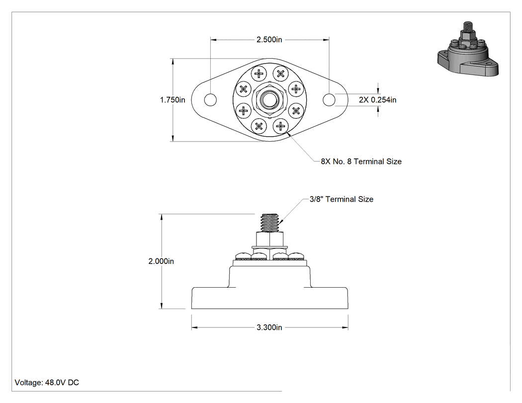 Teknik Çizim - Dağıtım Direği, Yüksek Akım, 3/8" Saplama Terminali