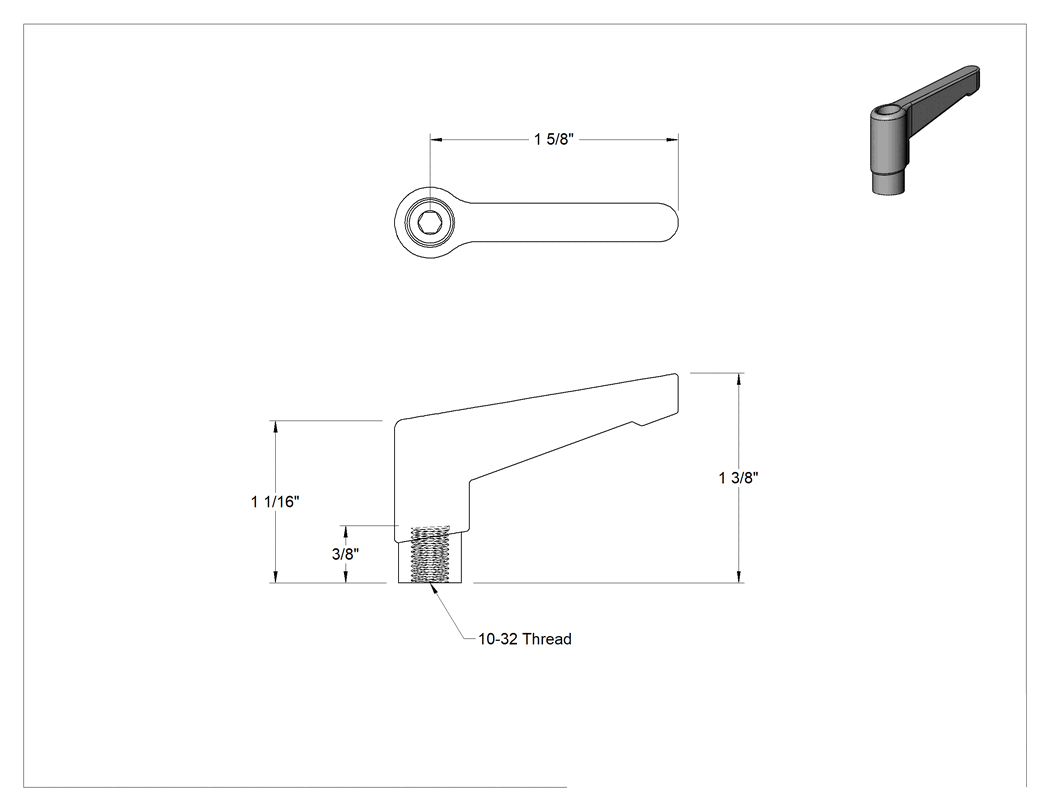 Teknik Çizim - Güvenlik Ayarlanabilir Konumlu Tutamak, 10-32 Dişli Delik, 1-3/8" Çıkıntı