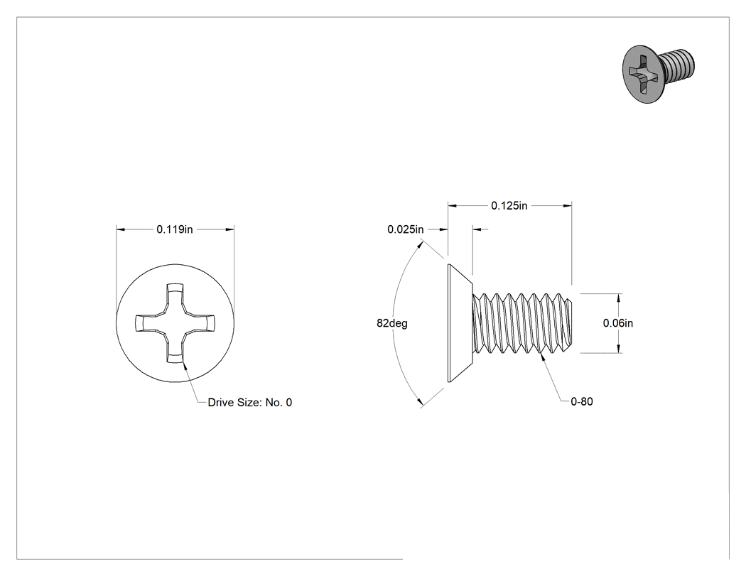Teknik Çizim - Mil. Spec. 18-8 Paslanmaz Çelik Phillips Havşa Başlı Vida, 82 Derece Havşa Açısı, 0-80 Diş Boyutu, 1/8" Uzunluk