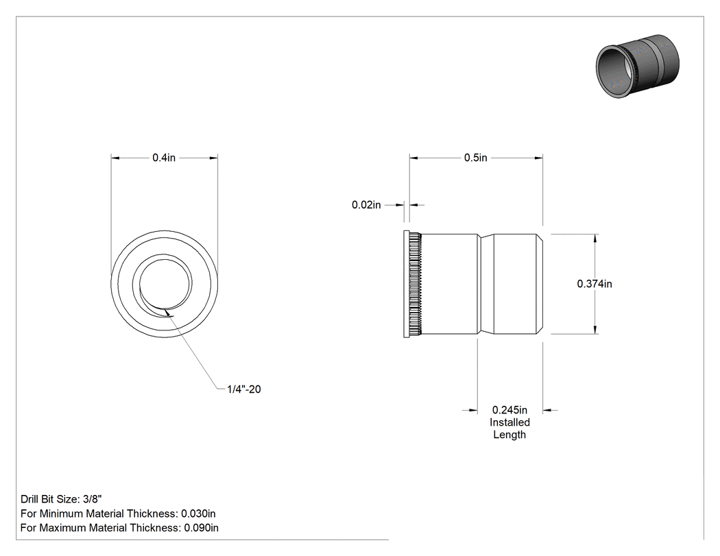 Teknik Çizim - Düşük Profilli Pop Somun, Kalay-Çinko Kaplı Çelik, 1/4"-20 İç Diş, 1/2" Uzunluk