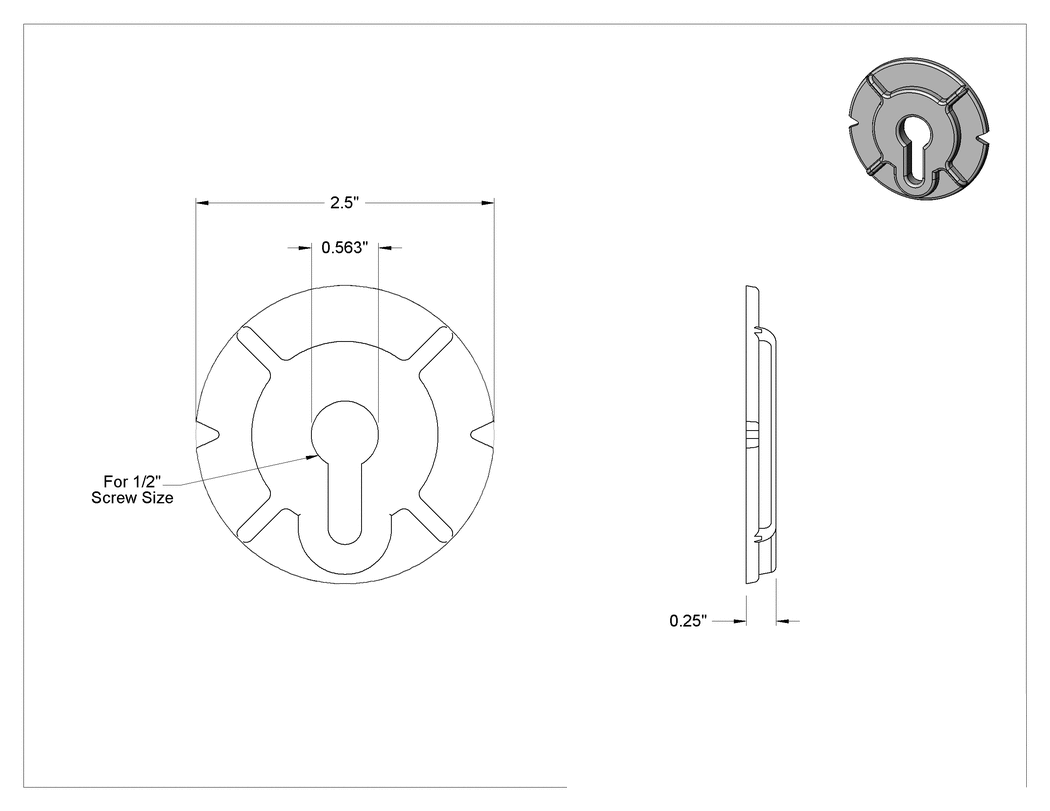Teknik Çizim - Çentikli Pul, 1/2" Vida Boyutu, 0.563" İç Çap, 2.500" Dış Çap