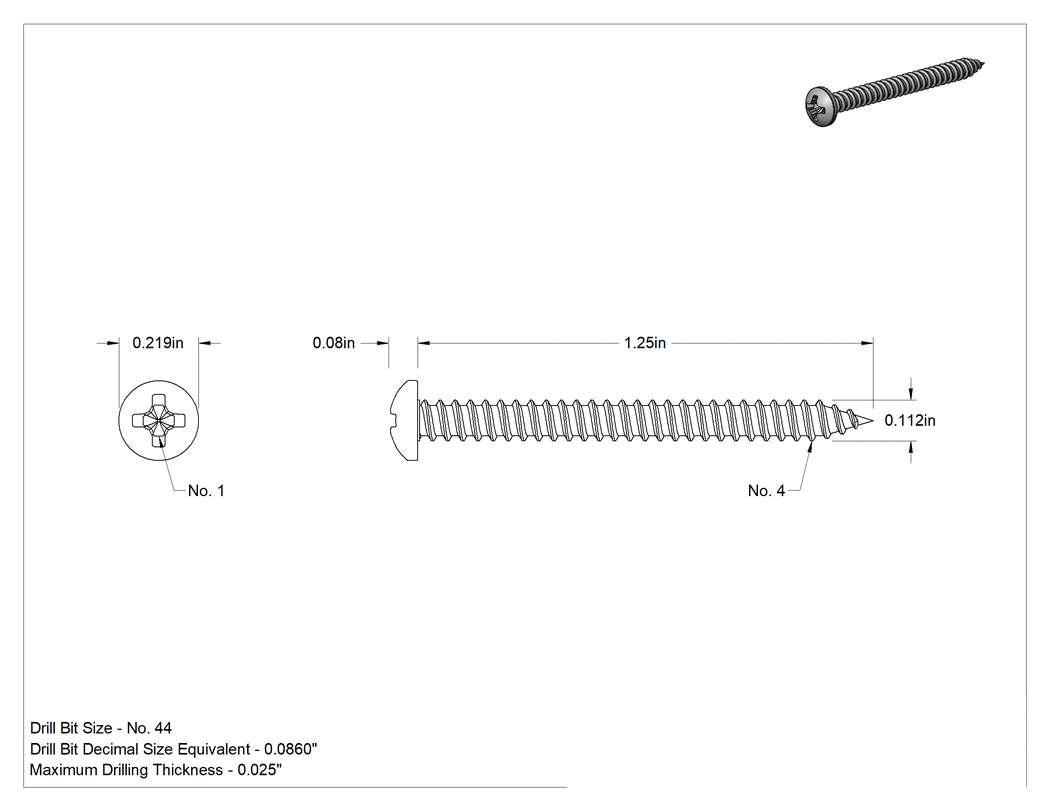 Teknik Çizim - Sac Metal için Phillips Yuvarlak Başlı Vidalar, 18-8 Paslanmaz Çelik, 4 Numara Vida Boyutu, 1-1/4" Uzunluk