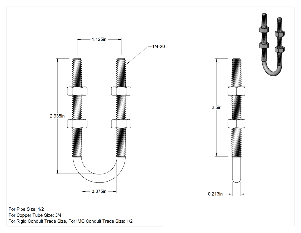 Teknik Çizim - Çelik U-Cıvata, 1/4"-20 Diş Boyutu, 7/8" İç Çap