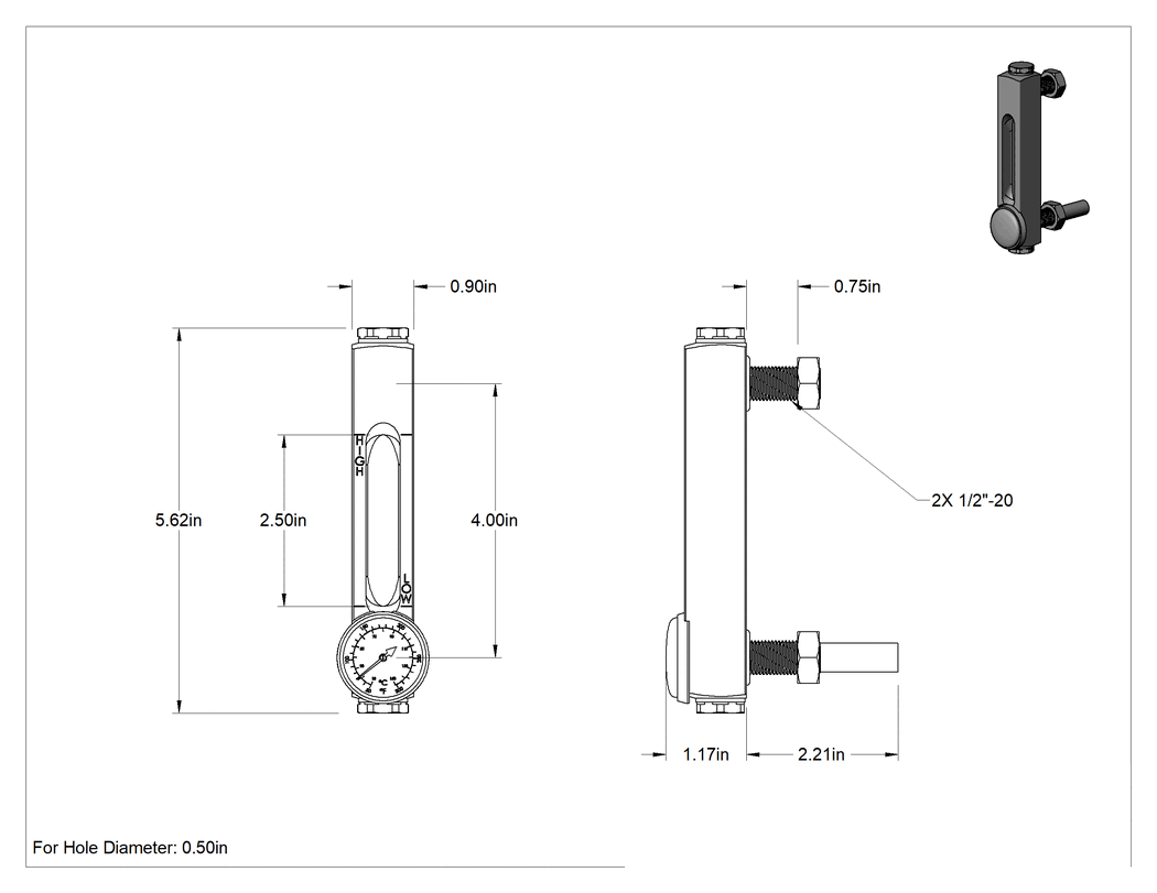 Teknik Çizim - Yüksek Basınçlı Yağ Seviyesi ve Sıcaklık Göstergesi, Duvar Geçişli Montaj Parçası, 1/2"-20 UNF Erkek, 4" Merkezden Merkeze