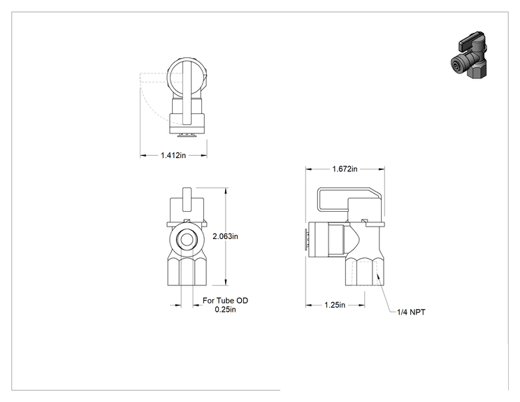 Teknik Çizim - Su için Kompakt Polipropilen Açma/Kapama Dirsek Valfi, 1/4 NPT Dişi x 1/4" Dış Çaplı Boru için Bas-Bağlan