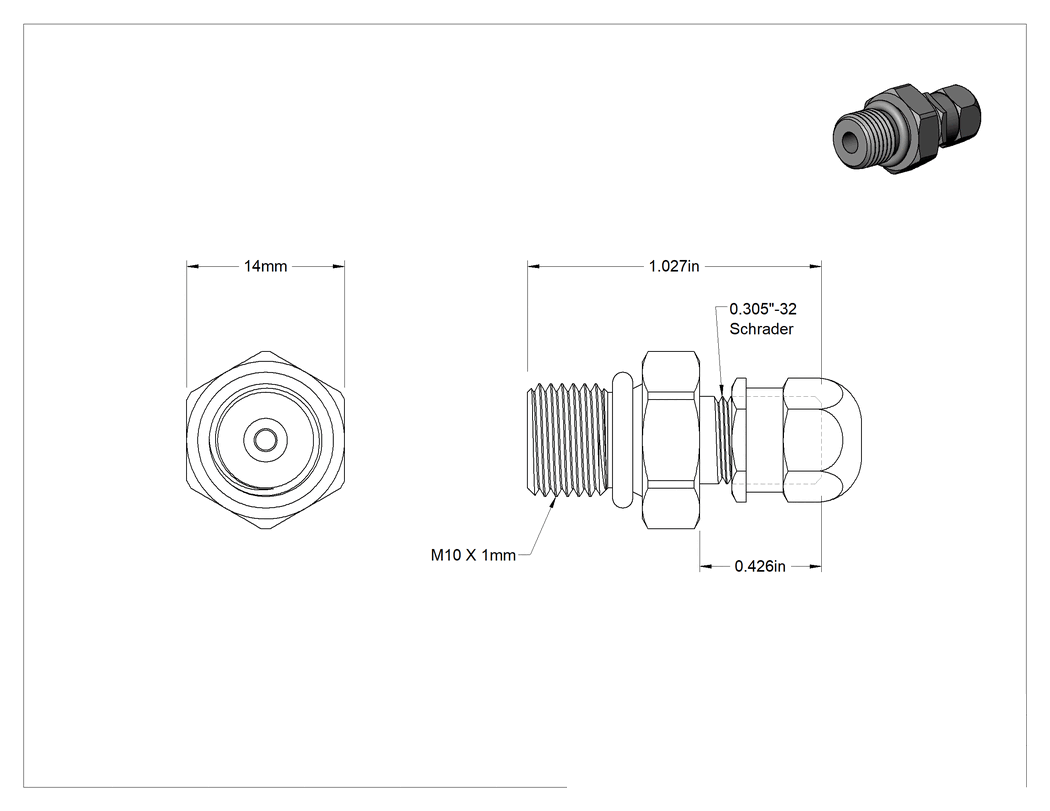 Teknik Çizim - Hava Doldurma Vanası, Pirinç M10 X1 mm Diş, 7/16" Uzunluğunda Schrader, Maksimum 4000 PSI