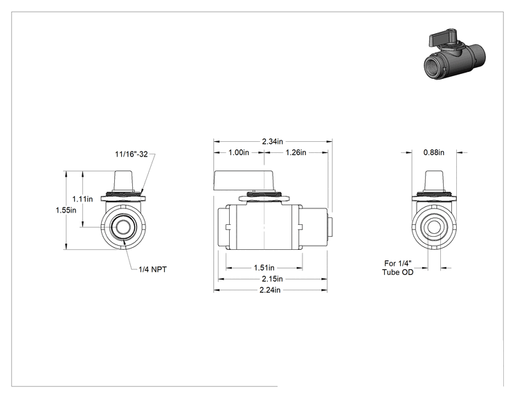 Teknik Çizim - Gri PVC Açma/Kapama Vanası, 1/4 NPT Dişi x 1/4" Boru Dış Çapı Bas-Bağlan, Standart Bağlantı Noktası