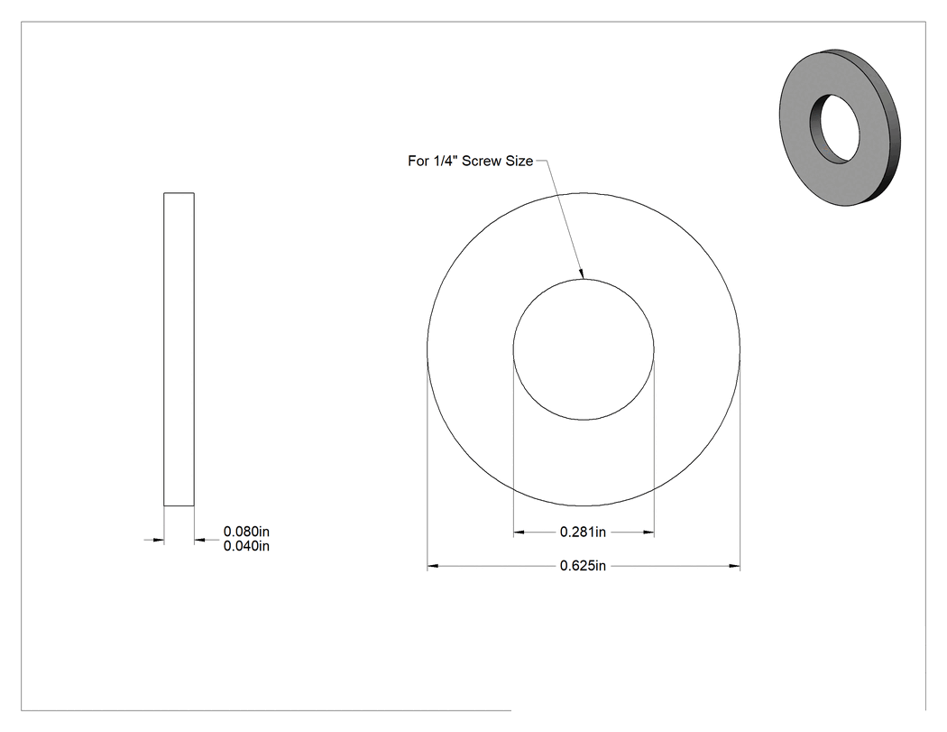 Teknik Çizim - Ultem PEI Plastik Pul, 1/4" Vida Boyutu için, 0.281" İç Çap, 0.625" Dış Çap, Siyah
