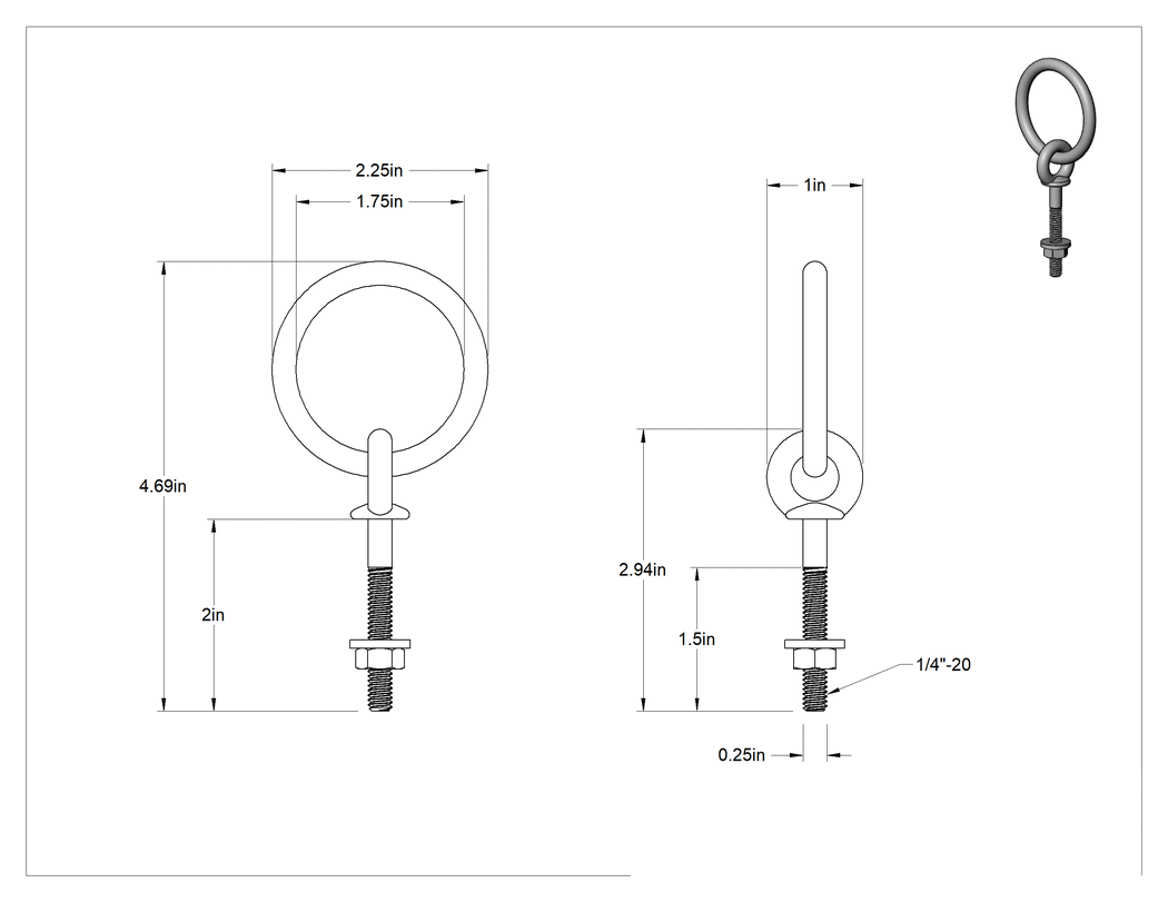 Teknik Çizim - Freze Halka Cıvatası, 316 Paslanmaz Çelik, 1-3/4" Göz Çapı, 1/4"-20 Diş, 1-1/2" Diş Uzunluğu