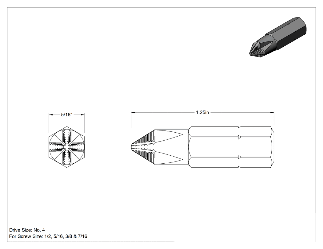 Teknik Çizim - Kaymayı Önleyici 4 Numaralı Phillips Ucu, 5/16" Altıgen Şaft