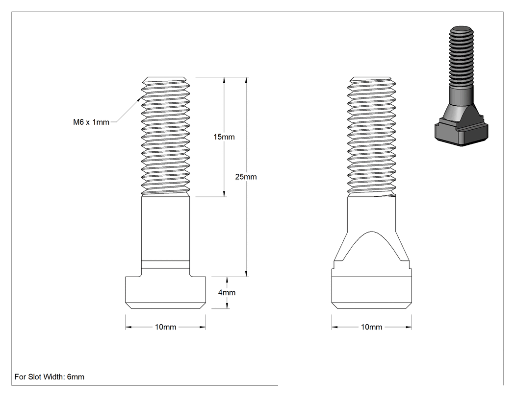 Teknik Çizim - Çelik İşlenmiş Boyunlu T-Yivli Cıvata, Siyah Oksit, 6 mm Genişliğinde Yiv için, 25 mm Uzunluk, M6 x 1 mm Diş