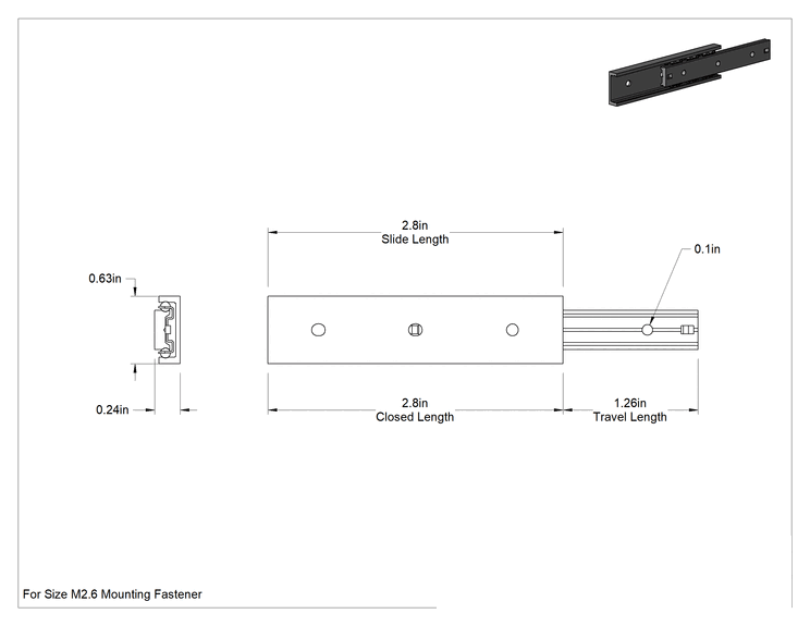 Teknik Çizim - Minyatür Geçişli Çekmece Kılavuzları, Eloksallı Alüminyum, 2-3/4" Kapalı Uzunluk