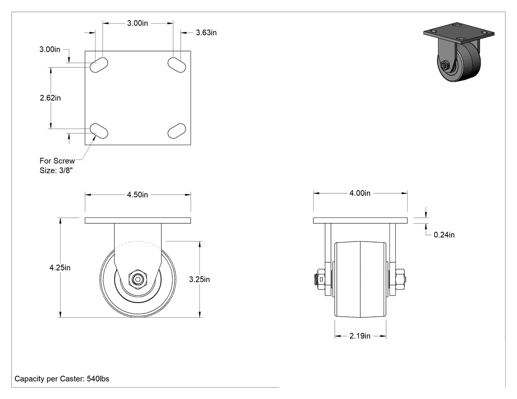 Teknik Çizim - 4-1/2" x 4" Montaj Plakalı Samson Tekerlek, 3-1/4" Çapında 95A Durometreli Poliüretan Tekerlekli Sert