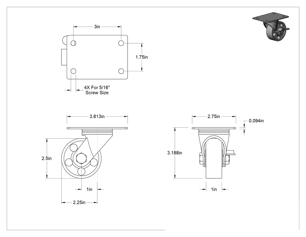 Teknik Çizim - Cart-Smart Tekerlek, Frenli ve 2-1/2 inç Çaplı Demir Tekerlekli Döner Tekerlek