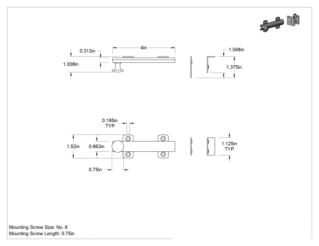 Teknik Çizim - Kayan Cıvata Mandalı, Pirinç, 4" Genişlik x 1-9/16" Yükseklik