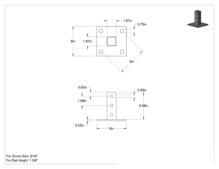 Teknik Çizim - Cıvatalı Çerçeve için 1-5/8" Yüksekliğinde Ray için Montaj Ayağı