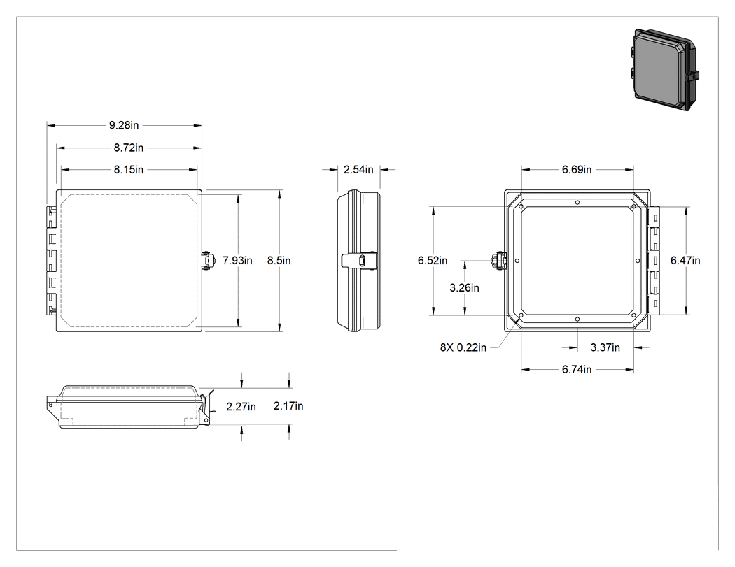 Teknik Çizim - Muhafazalar için Şeffaf HMI Kapağı, Hızlı Açma Mandal Kapatma, 8-1/2" Yükseklik x 9-1/4" Genişlik