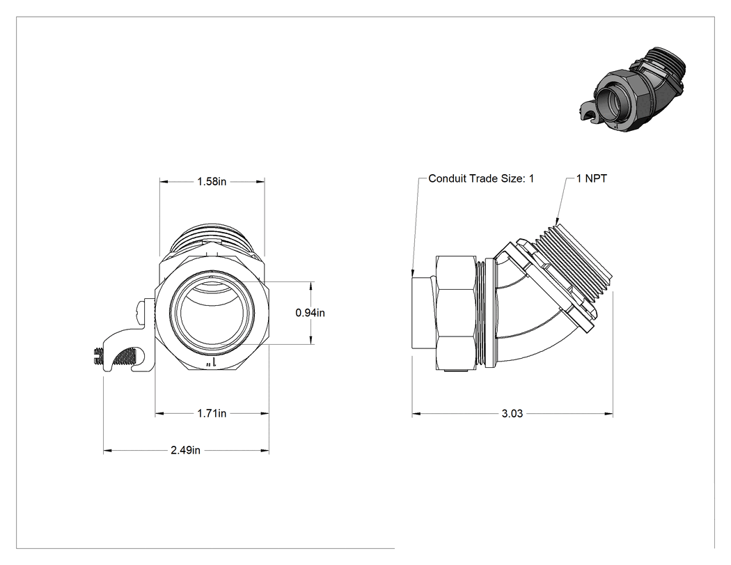 Teknik Çizim - Sıvı Sızdırmaz Esnek Metal Kanal Adaptörü, Topraklama Pabuçlu, 45 Derece, 1 Kabloluk Dişi x NPT Erkek