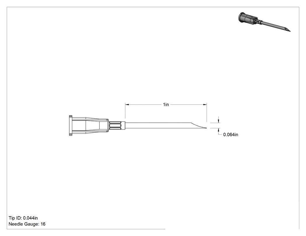 Teknik Çizim - Luer Lock Bağlantılı Steril Paslanmaz Çelik Şırınga İğnesi, 16 G İğne, 1" Uzunluk