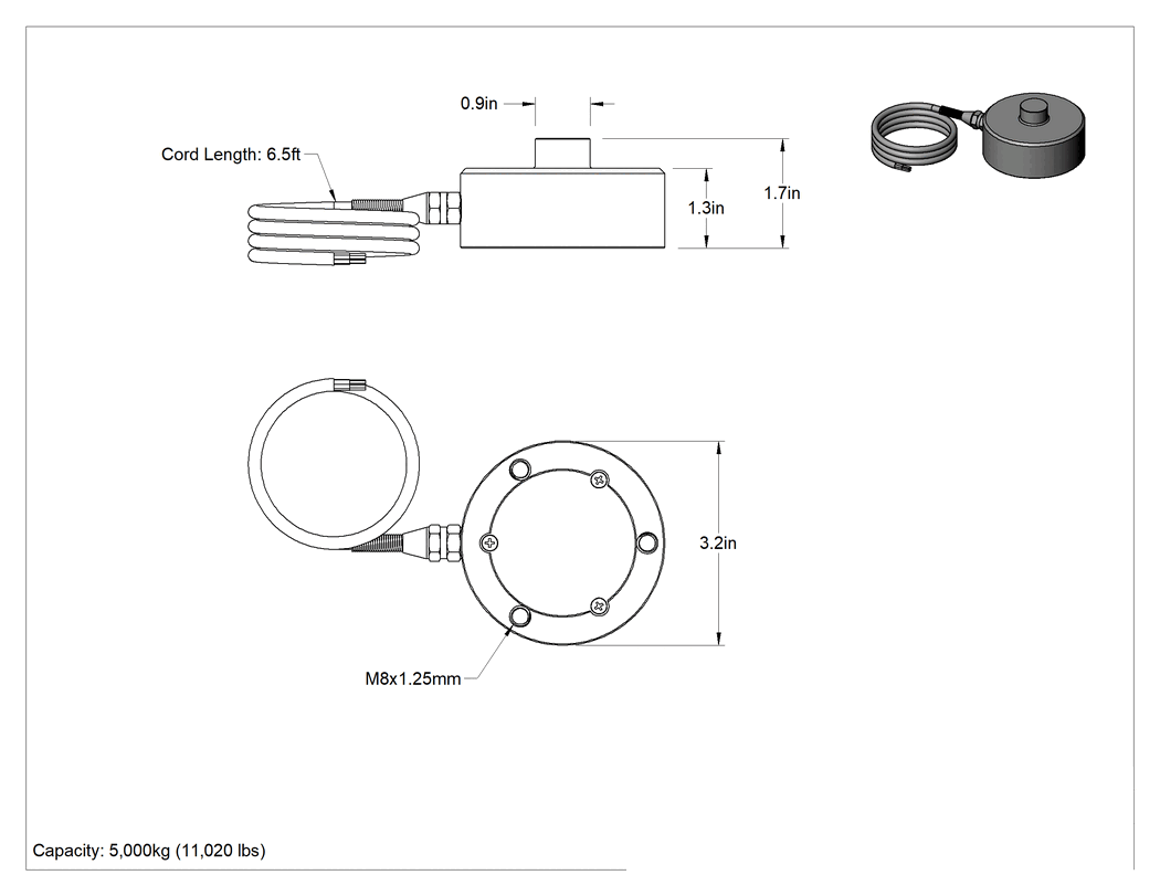 Teknik Çizim - Kuvvet Sensörü, Sıkıştırma için, Yapılandırılabilir, Düğme, 11020 lb. Kapasite