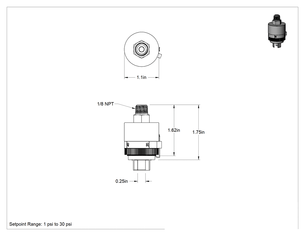 Teknik Çizim - Kompakt Basınç Şalteri, Hızlı Ayırma, 1/8 NPT, 1.6-28 PSI Ayar Noktası