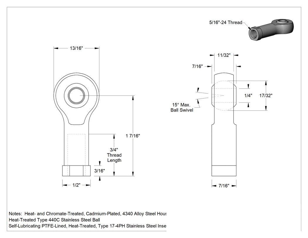 Teknik Çizim - Mil. Spec. Küresel Mafsal Çubuk Ucu, Büyük Boy Şaft, 1/4" İç Çap, 5/16"-24 İç Diş, Sağ Yönlü