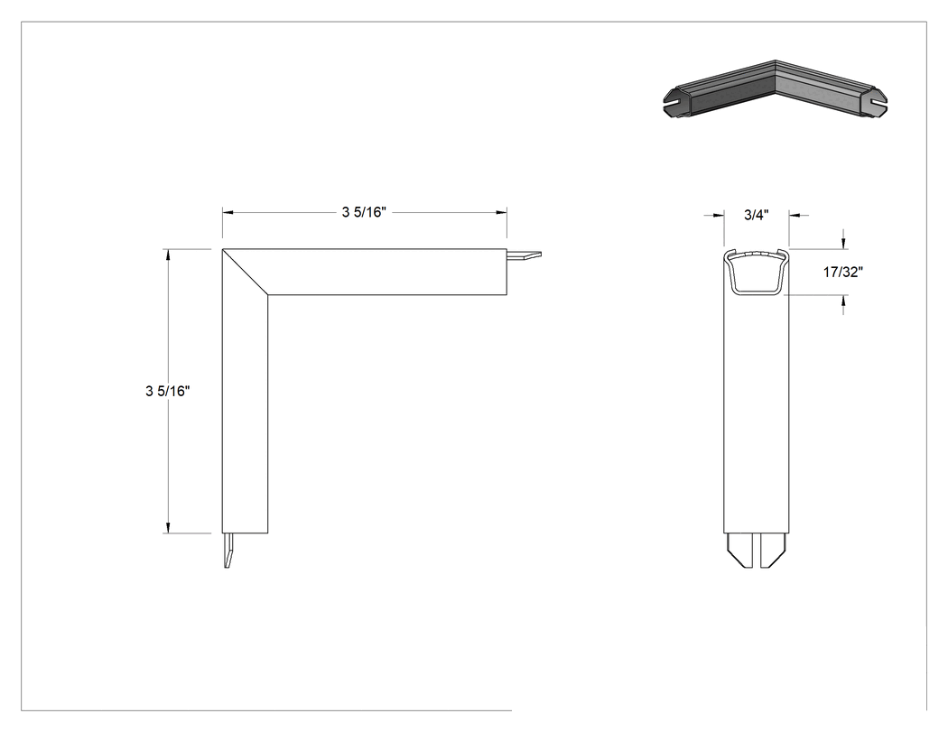 Teknik Çizim - İç Köşe 90 Derece Dirsek, 3/4" Genişlik, 17/32" Derinlik, Düşük Profilli Kablo Kanalı için
