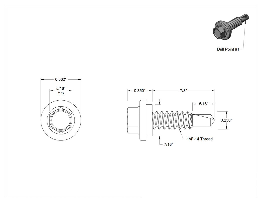 Teknik Çizim - 18-8 Paslanmaz Çelik Başlıklı ve Pullu Çelik Delme Vidaları, Metal için, Çelik, 1/4" Boyut, 7/8" Uzunluk