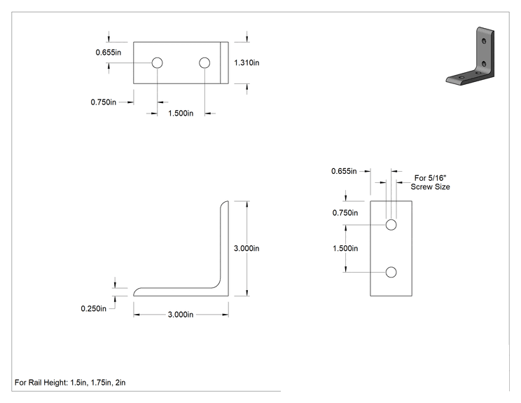 Teknik Çizim - Alüminyum Cıvatalı Çerçeve için 3" Uzunlukta Köşe Braketi