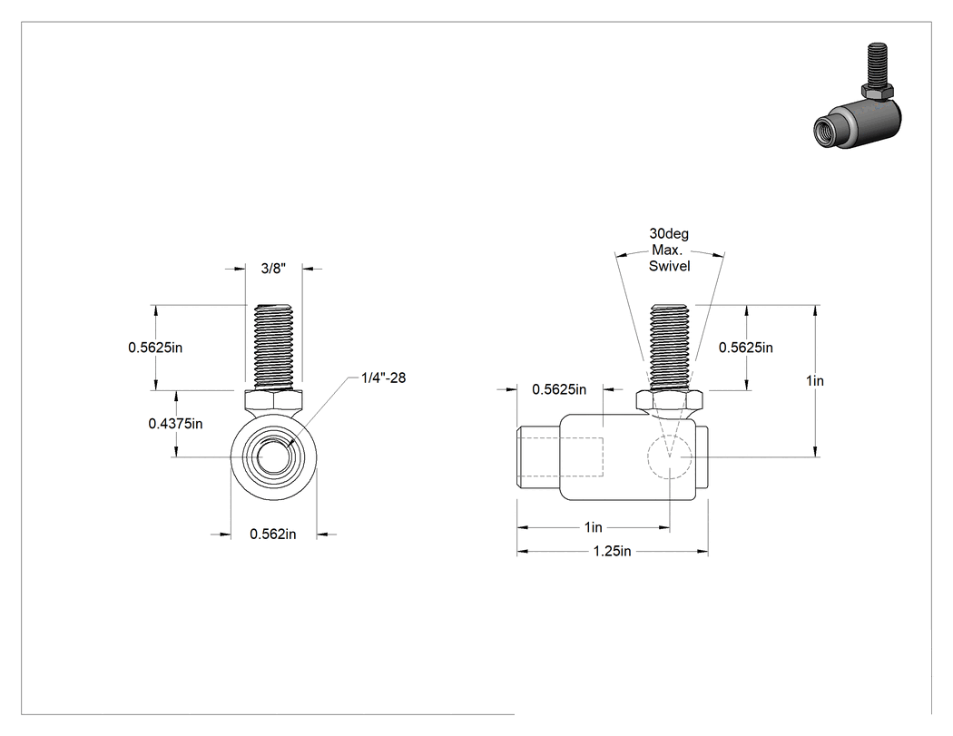 Teknik Çizim - Küresel Mafsal Bağlantısı, Hızlı Kurulum, İç Yay, 1/4"-28 Diş Boyutu