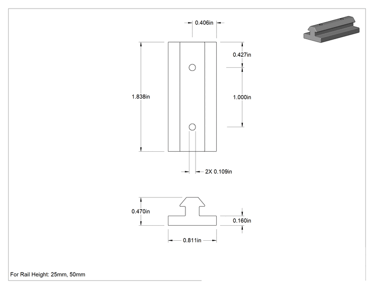 Teknik Çizim - T-Yuvalı Çerçeve Rayı Kaydırma Parçası, T x Düz, 25 mm Yükseklik Tek Ray için