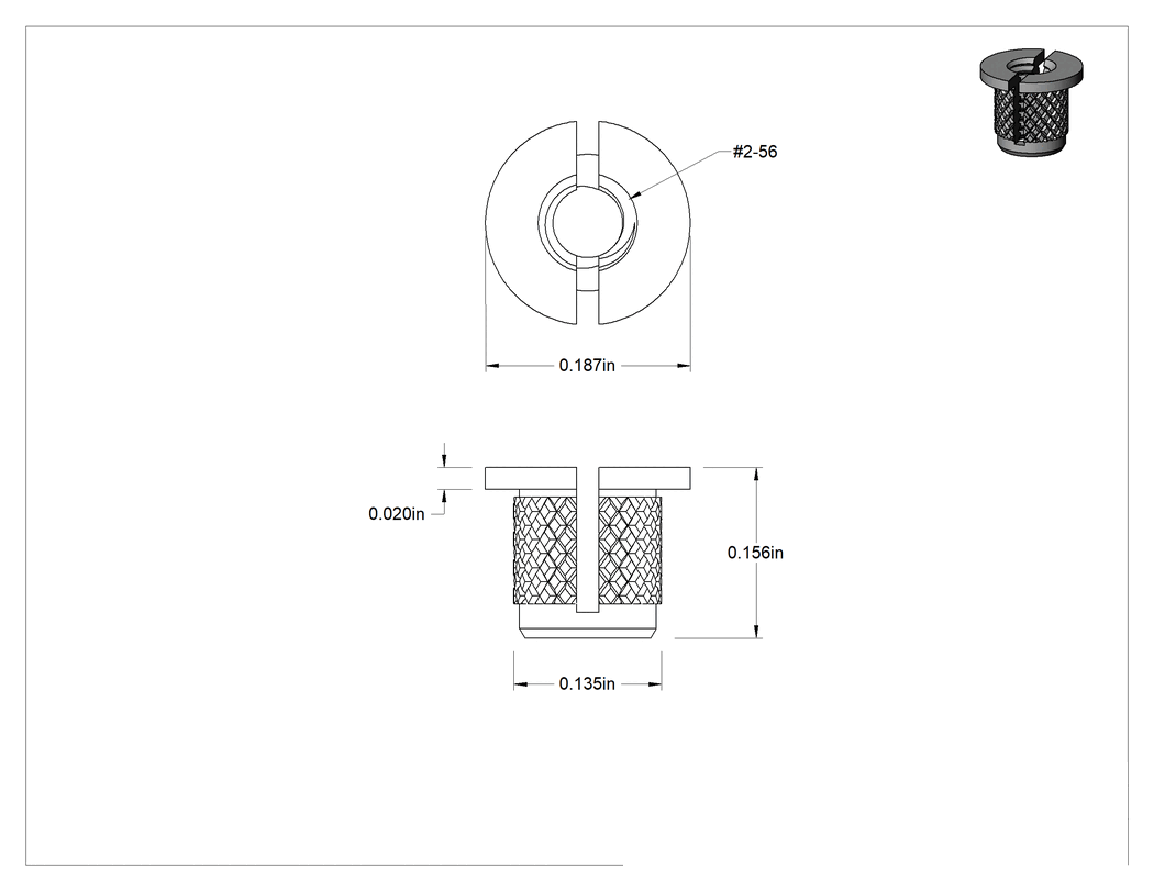 Teknik Çizim - Pirinç Vidalı Genişletme Ek Parçaları, Plastikteki Deliklerden Geçirmek için, 2-56 Diş Boyutu