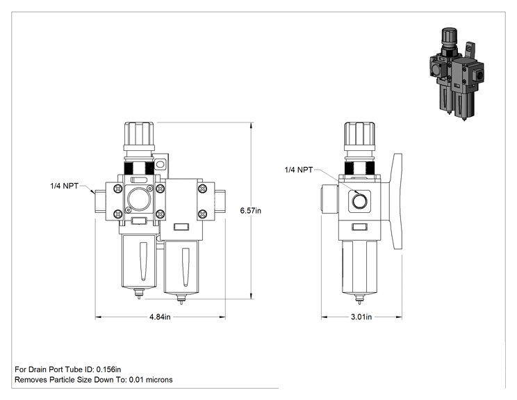 Teknik Çizim - Modüler Basınçlı Hava Filtresi/Regülatörü, Yağ ve Parçacıklar için, Parker P31C Serisi, 1/4 NPT Dişi