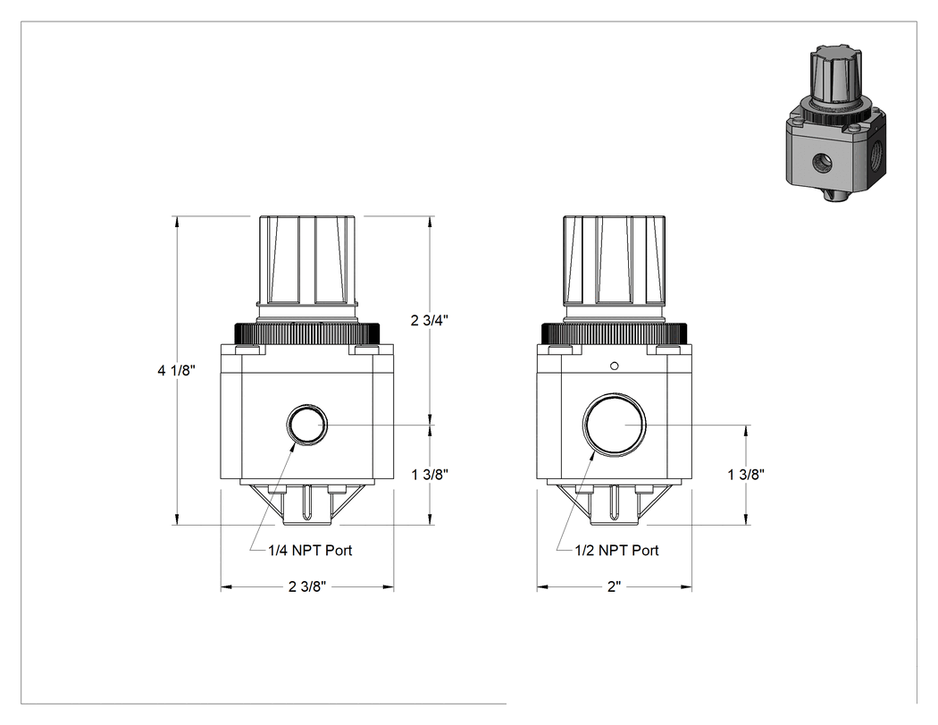 Teknik Çizim - Temiz Oda Basınç Düzenleme Valfi, Hava ve İnert Gaz için, 1.44" Panel Kesiti, 1/2 NPT Dişi