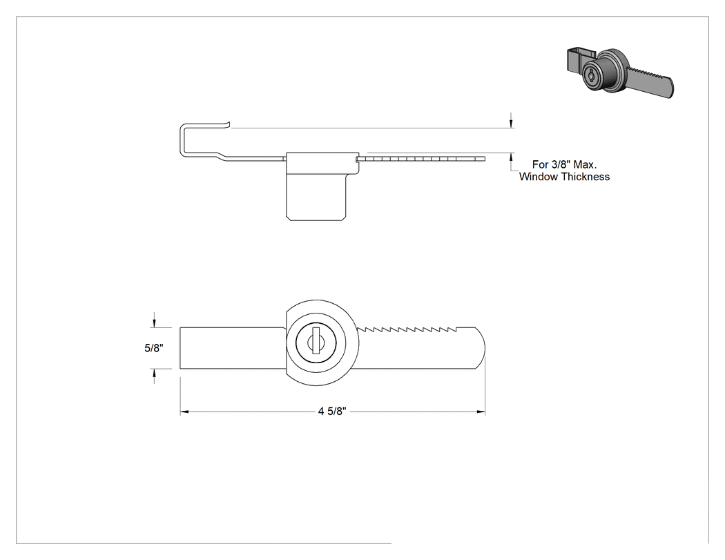 Teknik Çizim - Sürgülü pencere için ayarlanabilir cıvatalı mandal, 3/8" Maksimum Kalınlık için