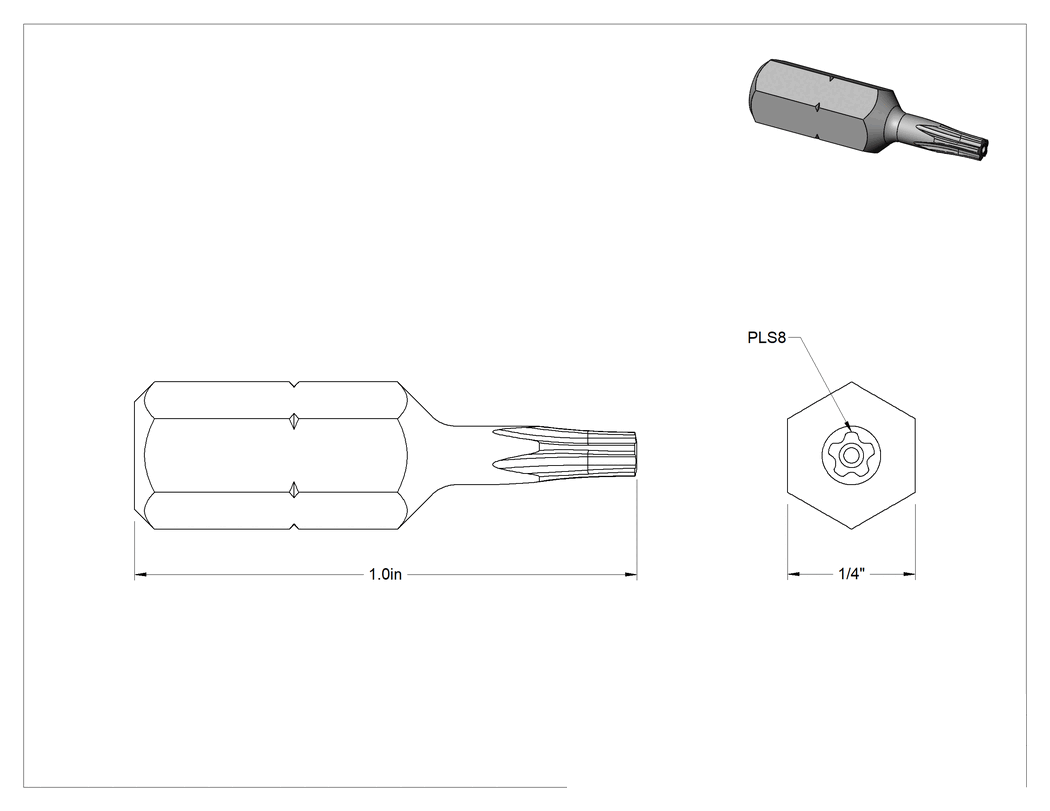 Teknik Çizim - Kurcalanmaya Dayanıklı Pentalobe Ucu, 1/4" Altıgen Şaft, Pls8 Boyutu