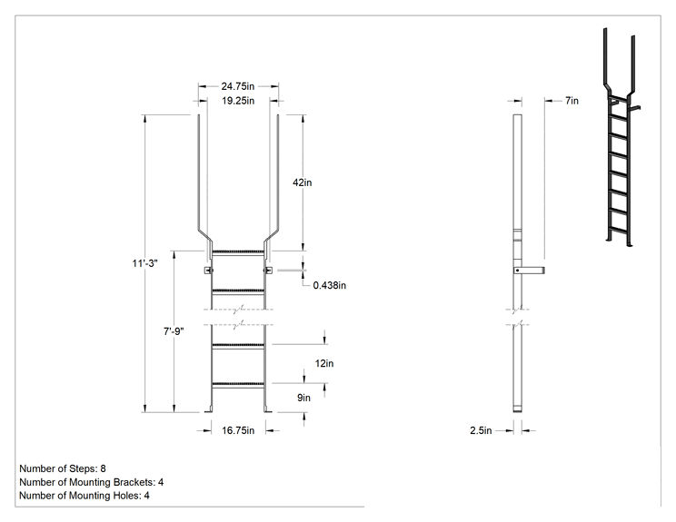 Teknik Çizim - 304 Paslanmaz Çelik Duvara Monte Merdiven, Tutma Direkli, 350 lbs. Kapasite, 7'9" Maksimum Tırmanma Yüksekliği