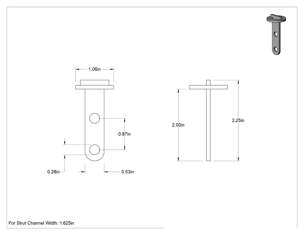 Teknik Çizim - Destek Kanalı Perde Kaydırıcı, 1-5/8" Kanal Genişliği için, 2 Delik